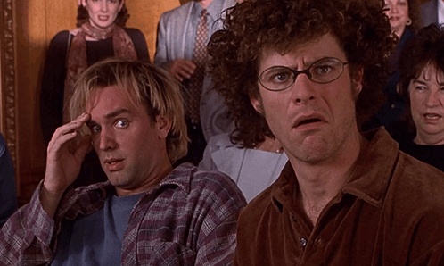 Matt Stone and Trey Parker in BASEketball (1998), Embarrassed and Awkward reaction animated GIF