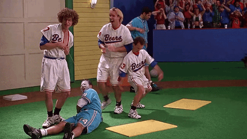 Trey Parker and Matt Stone in BASEketball (1998), Triumphant and Gleeful reaction animated GIF