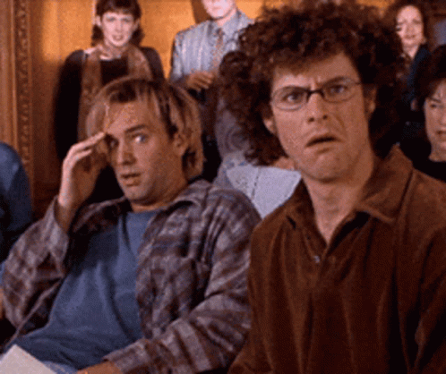 Matt Stone and Trey Parker in BASEketball (1998), Confused and Shocked reaction animated GIF