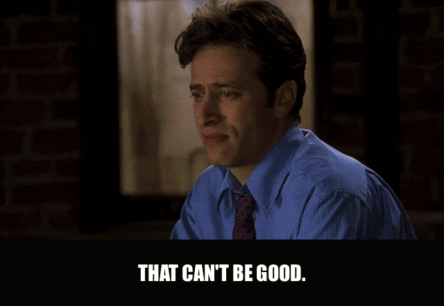 Adam Sandler in Big Daddy (1999), captioned "That can't be good.", Worried and Deadpan reaction animated GIF