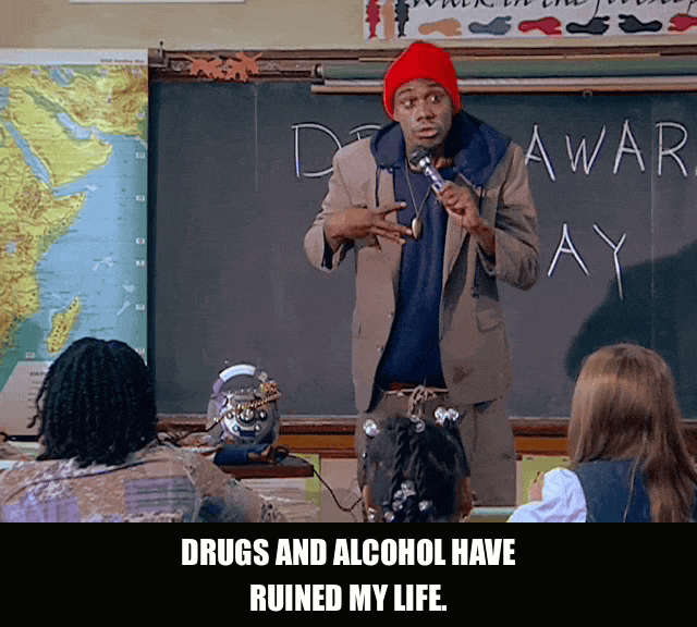Drugs And Alcohol Ruined My Life from Chappelle's Show (2003), captioned "Drugs and alcohol have ruined my life.", Regretful and Deadpan reaction animated GIF