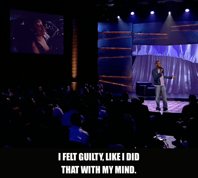I Felt Guilty from Chappelle's Show (2003), captioned "I felt guilty, like I did that with my mind.", Sheepish and Deadpan reaction animated GIF