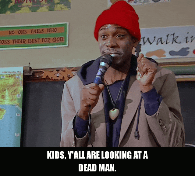 Lookin' At A Dead Man from Chappelle's Show (2003), captioned "Kids, y'all are looking at a dead man.", Deadpan and Ominous reaction animated GIF