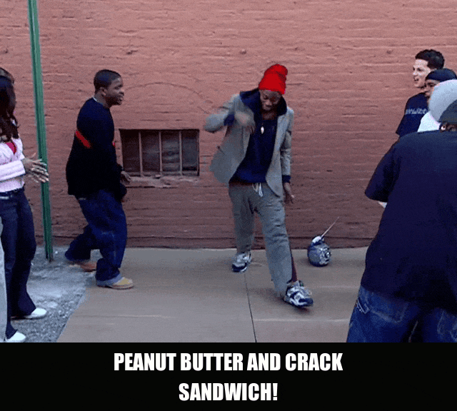 Peanut Butter And Crack Sandwich from Chappelle's Show (2003), captioned "Peanut butter and crack sandwich!", Manic and Gleeful reaction animated GIF
