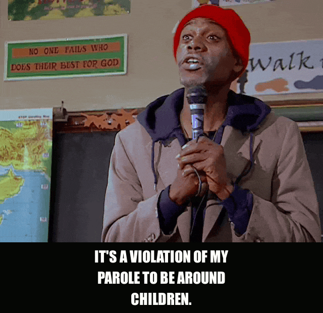 Violation Of My Parole from Chappelle's Show (2003), captioned "It's a violation of my parole to be around children.", Matter-Of-Fact and Oblivious reaction animated GIF