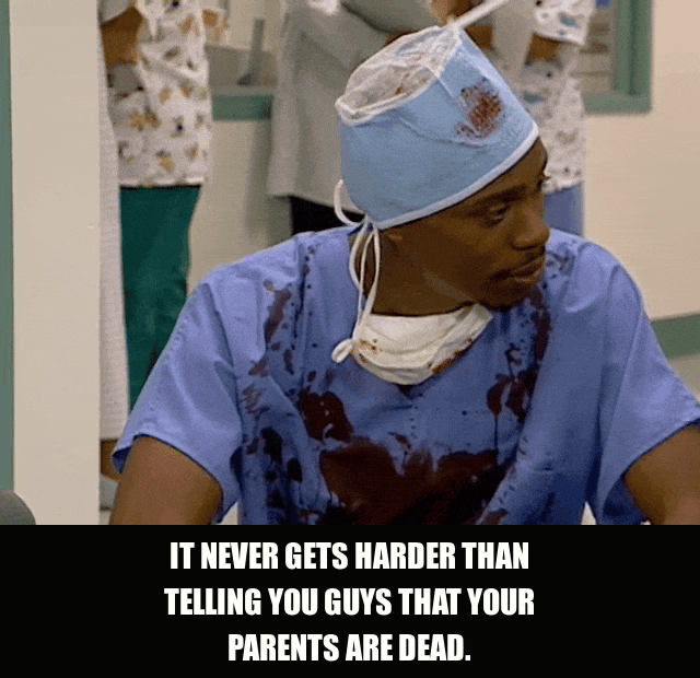 Your Parents Are Dead from Chappelle's Show (2003), captioned "It never gets harder than telling you guys that your parents are dead.", Deadpan and Dark reaction animated GIF