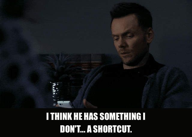 Joel Mchale and Alison Brie in Community (2009), captioned "I think he has something I don't... a shortcut.", Determined and Earnest reaction animated GIF