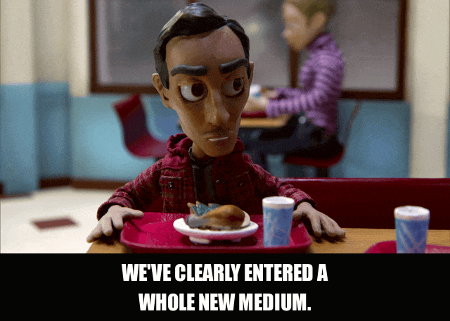Danny Pudi in Community (2009), captioned "We've clearly entered a whole new medium.", Confident and Deadpan reaction animated GIF