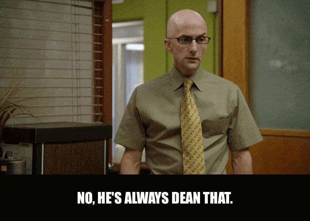 Jim Rash in Community (2009), captioned "No, he's always Dean that.", Defensive and Sheepish reaction animated GIF