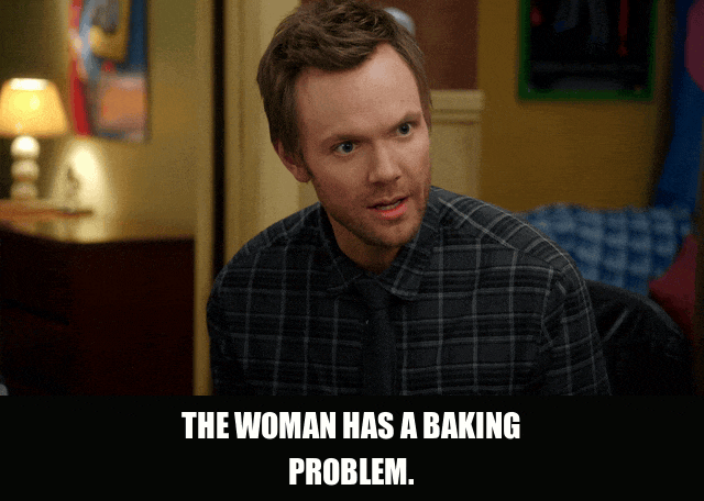 Joel Mchale in Community (2009), captioned "The woman has a baking problem.", Deadpan and Resigned reaction animated GIF