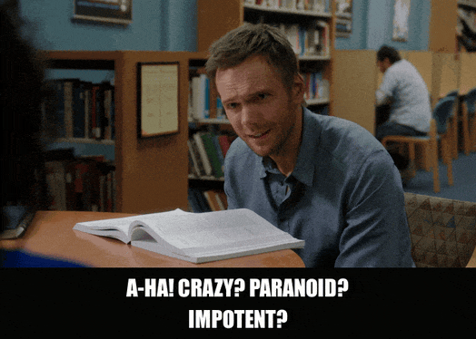 Chevy Chase in Community (2009), captioned "A-ha! Crazy? Paranoid? Impotent?", Triumphant and Accusatory reaction animated GIF
