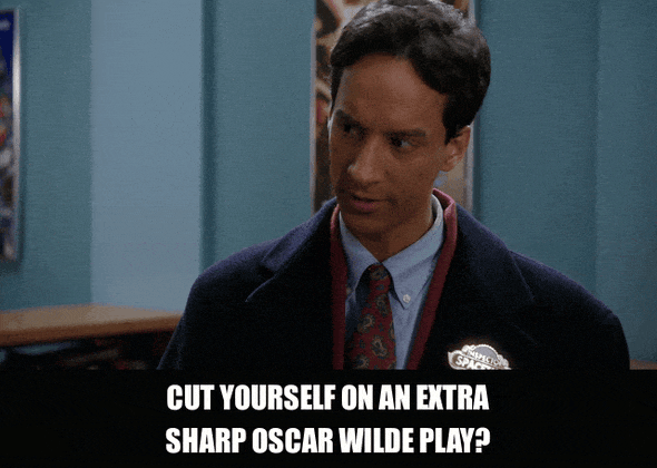 Danny Pudi in Community (2009), captioned "Cut yourself on an extra sharp Oscar Wilde play?", Sarcastic and Smug reaction animated GIF
