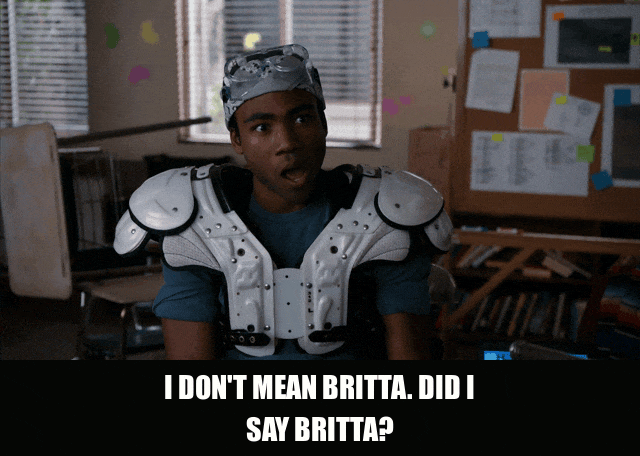 Joel Mchale in Community (2009), captioned "I don't mean Britta. Did I say Britta?", Denial and Flustered reaction animated GIF
