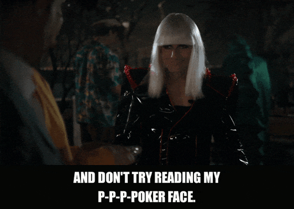 Jim Rash in Community (2009), captioned "And don't try reading my p-p-p-poker face.", Coy and Performative reaction animated GIF