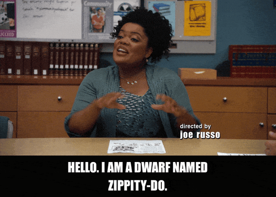 Yvette Nicole Brown in Community (2009), captioned "Hello. I am a dwarf named Zippity-do.", Cheerful and Proud reaction animated GIF