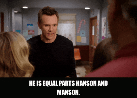 Joel Mchale in Community (2009), captioned "He is equal parts Hanson and Manson.", Suspicious and Sardonic reaction animated GIF