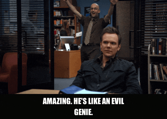 Joel Mchale in Community (2009), captioned "Amazing. He's like an evil genie.", Disbelief and Wry reaction animated GIF