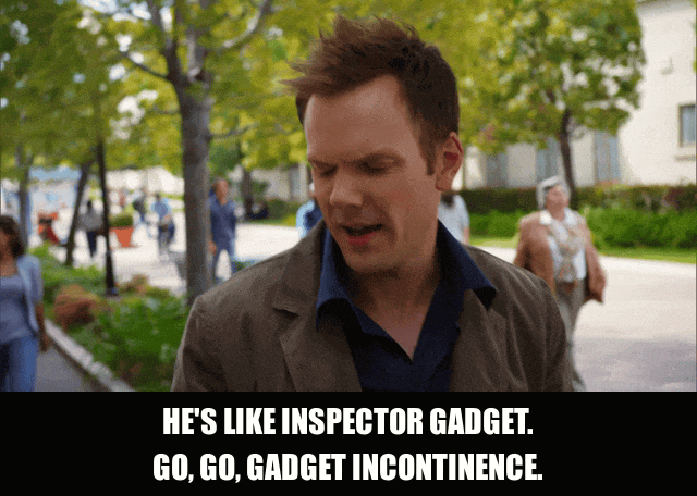 Joel Mchale in Community (2009), captioned "He's like Inspector Gadget. Go, go, Gadget incontinence.", Amused and Mocking reaction animated GIF