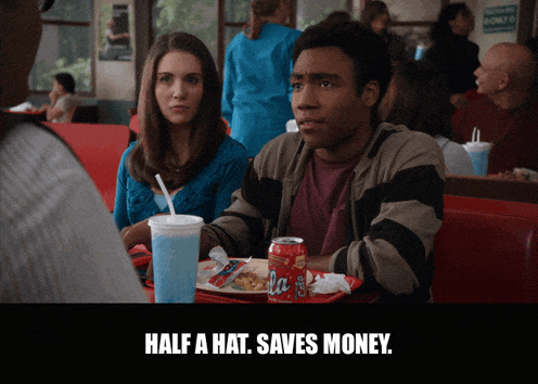 Chevy Chase in Community (2009), captioned "Half a hat. Saves money.", Deadpan and Oblivious reaction animated GIF