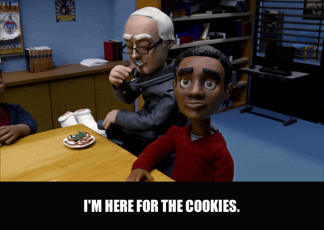Donald Glover in Community (2009), captioned "I'm here for the cookies.", Content and Blissful reaction animated GIF