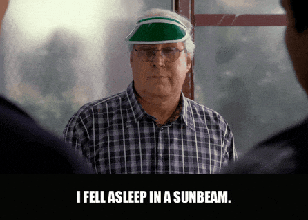 Chevy Chase in Community (2009), captioned "I fell asleep in a sunbeam.", Sheepish and Earnest reaction animated GIF