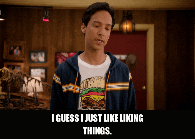 Danny Pudi in Community (2009), captioned "I guess I just like liking things.", Sincere and Thoughtful reaction animated GIF