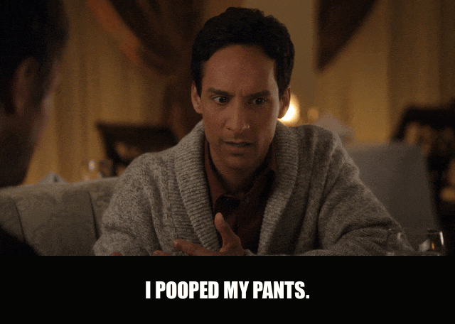 Danny Pudi in Community (2009), captioned "I pooped my pants.", Earnest and Confessional reaction animated GIF