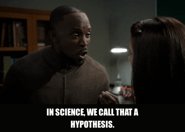 Donald Glover in Community (2009), captioned "In science, we call that a hypothesis.", Confident and Matter-Of-Fact reaction animated GIF