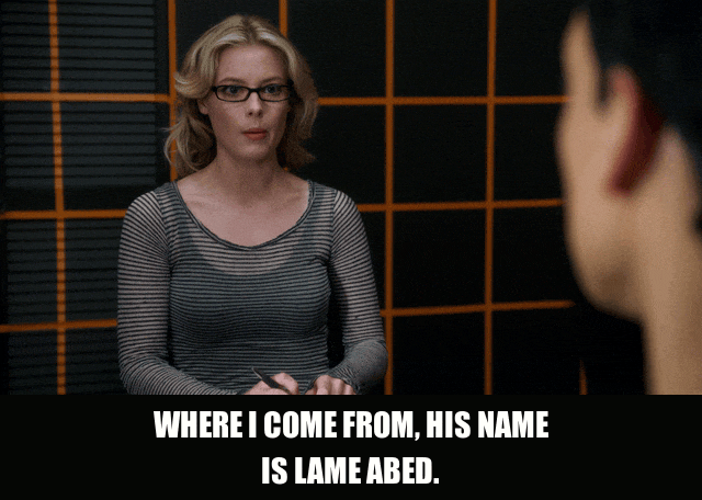 Danny Pudi in Community (2009), captioned "Where I come from, his name is Lame Abed.", Sinister and Smug reaction animated GIF