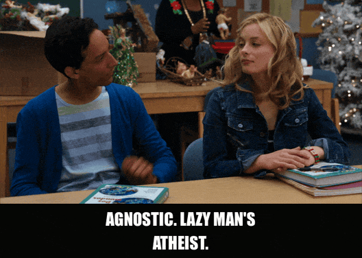 Joel Mchale in Community (2009), captioned "Agnostic. Lazy man's atheist.", Smug and Dismissive reaction animated GIF
