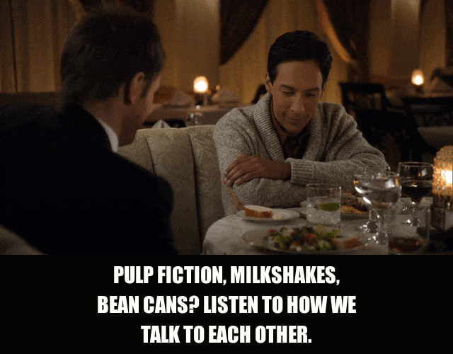 Joel Mchale in Community (2009), captioned "Pulp Fiction, milkshakes, bean cans? Listen to how we talk to each other.", Frustrated and Earnest reaction animated GIF