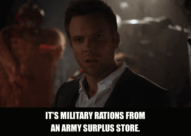 Joel Mchale in Community (2009), captioned "It's military rations from an army surplus store.", Deadpan and Smug reaction animated GIF