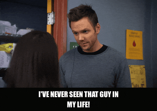 Joel Mchale in Community (2009), captioned "I've never seen that guy in my life!", Panicked and Defensive reaction animated GIF