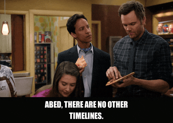 Joel Mchale in Community (2009), captioned "Abed, there are no other timelines.", Dismissive and Exasperated reaction animated GIF