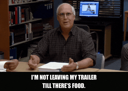 Chevy Chase in Community (2009), captioned "I'm not leaving my trailer till there's food.", Entitled and Indignant reaction animated GIF