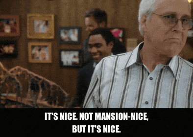 Chevy Chase in Community (2009), captioned "It's nice. Not mansion-nice, but it's nice.", Smug and Dismissive reaction animated GIF