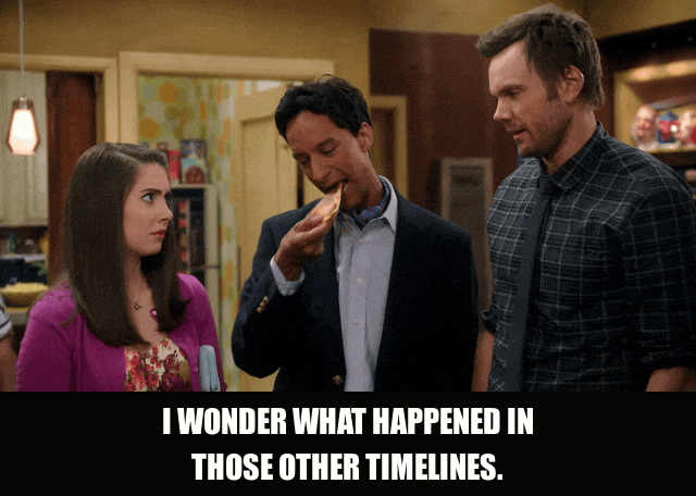 Danny Pudi in Community (2009), captioned "I wonder what happened in those other timelines.", Curious and Deadpan reaction animated GIF