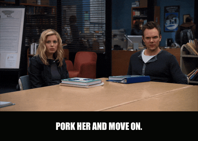 Chevy Chase in Community (2009), captioned "Pork her and move on.", Blunt and Oblivious reaction animated GIF