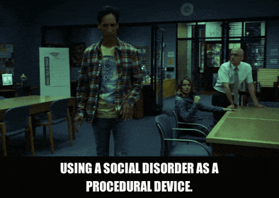 Danny Pudi in Community (2009), captioned "Using a social disorder as a procedural device.", Analytical and Critical reaction animated GIF