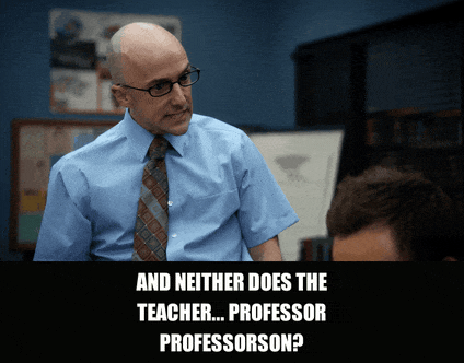 Jim Rash in Community (2009), captioned "And neither does the teacher... Professor Professorson?", Incredulous and Suspicious reaction animated GIF
