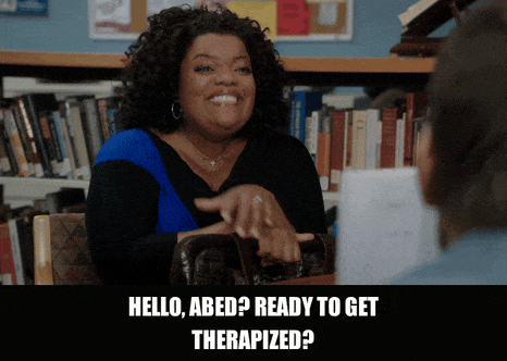 Gillian Jacobs in Community (2009), captioned "Hello, Abed? Ready to get therapized?", Cheerful and Oblivious reaction animated GIF