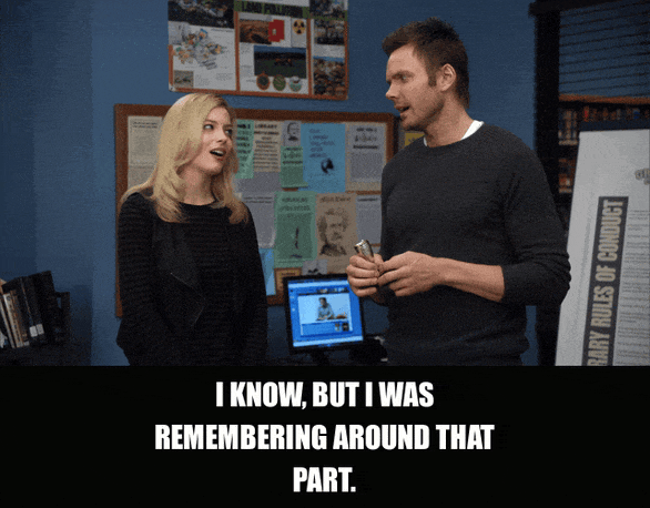 Gillian Jacobs in Community (2009), captioned "I know, but I was remembering around that part.", Defensive and Cheerful reaction animated GIF