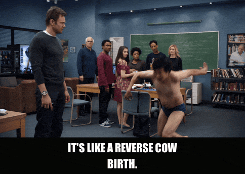 Donald Glover in Community (2009), captioned "It's like a reverse cow birth.", Awe and Confusion reaction animated GIF