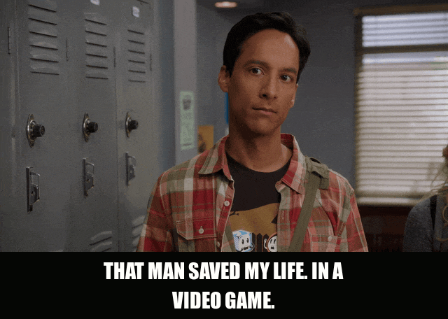 Danny Pudi in Community (2009), captioned "That man saved my life. In a video game.", Earnest and Sincere reaction animated GIF