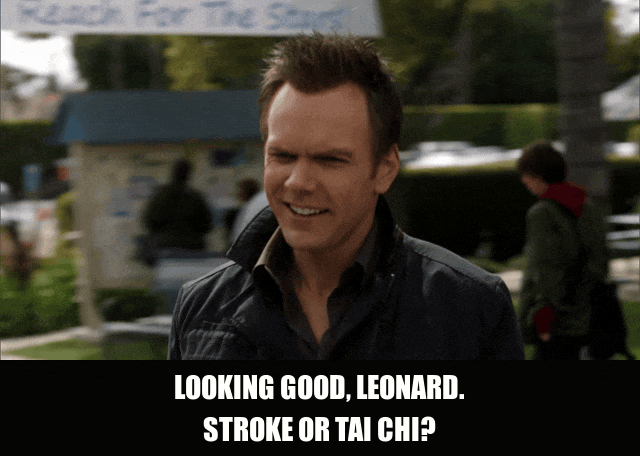 Joel Mchale in Community (2009), captioned "Looking good, Leonard. Stroke or tai chi?", Smug and Charming reaction animated GIF