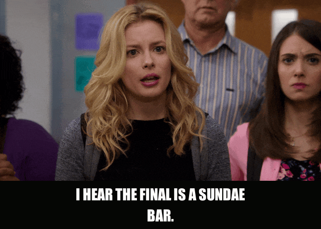 Gillian Jacobs in Community (2009), captioned "I hear the final is a sundae bar.", Excited and Surprised reaction animated GIF