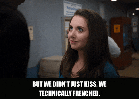 Alison Brie in Community (2009), captioned "But we didn't just kiss, we technically Frenched.", Earnest and Flustered reaction animated GIF