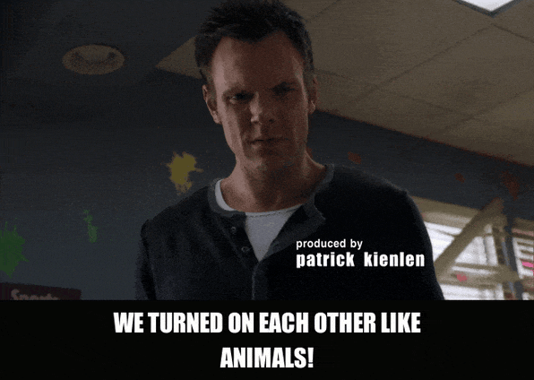 Joel Mchale in Community (2009), captioned "We turned on each other like animals!", Disbelief and Exasperated reaction animated GIF