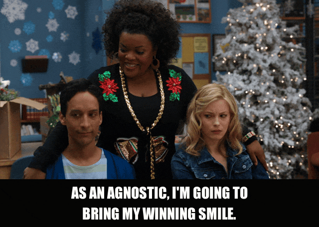 Joel Mchale in Community (2009), captioned "As an agnostic, I'm going to bring my winning smile.", Confident and Charming reaction animated GIF