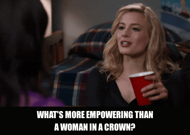 Gillian Jacobs in Community (2009), captioned "What's more empowering than a woman in a crown?", Defiant and Playful reaction animated GIF